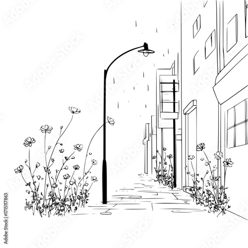 Illustration of a rainy street scene with flowers, a lamppost, and buildings in black and white style