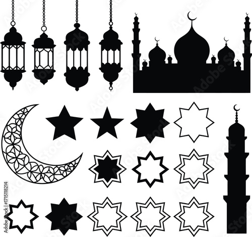 Set of islamic muslim line icon design black outline vector icons isolated against the white background arabic mark vector illustration.%09
