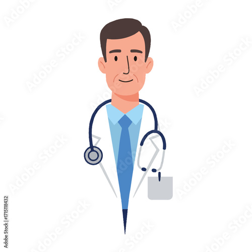 A friendly male doctor character in a white lab coat with a stethoscope, depicted as a modern vector icon illustration.