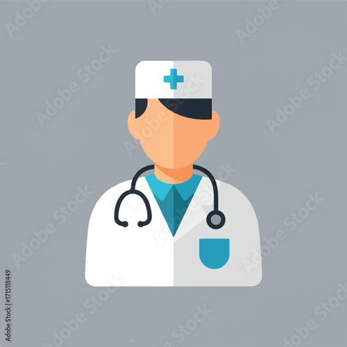A flat design illustration of a doctor wearing a white coat and stethoscope, symbolizing healthcare and medical services.