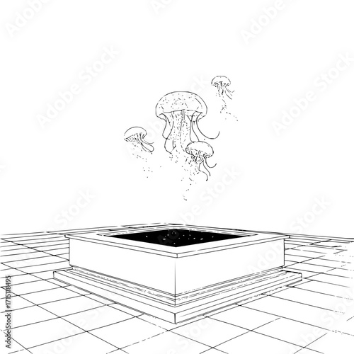 Illustration of jellyfish floating above a square pool on a tiled floor in a minimalist style art