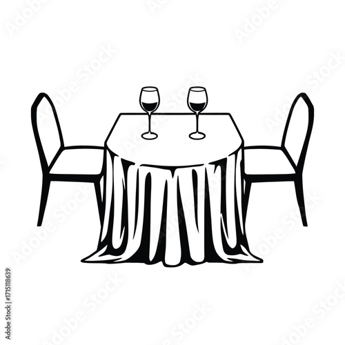 A simple line drawing depicts a round table with two chairs and tableware, perfect for restaurant or cafe imagery.
