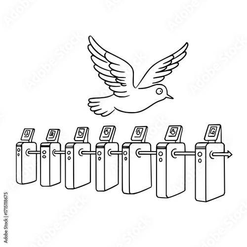 Bird flying above a row of turnstiles with arrows indicating direction in a black and white line drawing