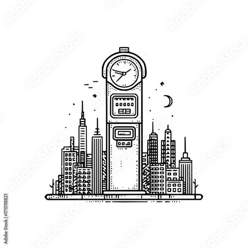Illustration of a vintage gas pump with a clock face surrounded by a cityscape at nighttime