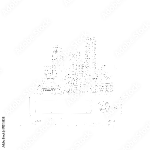 Stylized cityscape with a classic car in the foreground rendered in a minimalist black and white style