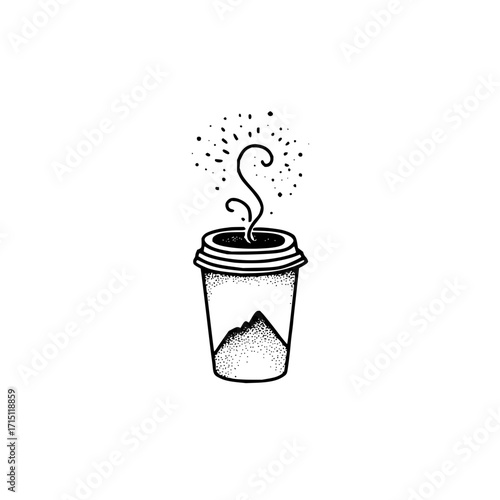 Illustration of a coffee cup with a mountain design and steam rising on a white background art