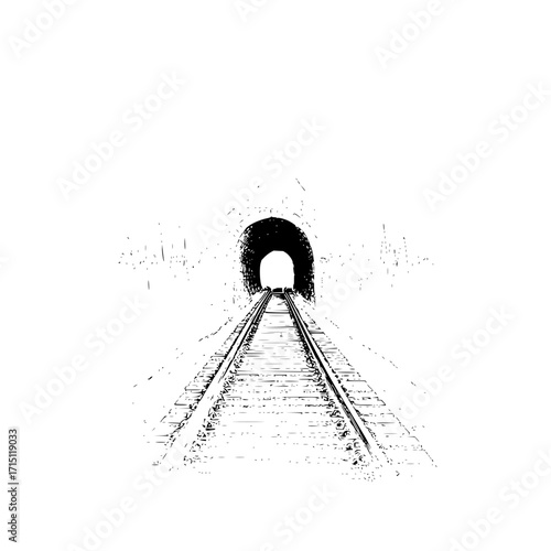 A monochrome illustration of a railway track leading into a dark tunnel with a light at the end of it