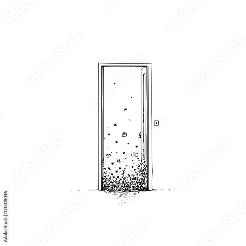 An open door with floating letters and flowers in a white room with a light switch on the wall