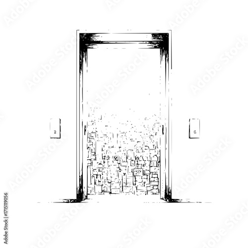 Illustration of a doorway or portal with abstract brick-like shapes and two wall mounted boxes on either side