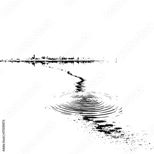 Black and white landscape showing ripples in water leading to a distant cityscape silhouette on the horizon
