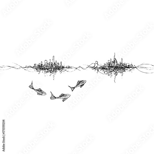 Three fish swimming below a sketched skyline with reflections in the water on a white background