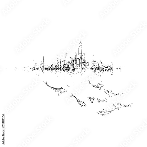 A sketch of a city skyline reflected in water with several koi fish swimming in the foreground view area