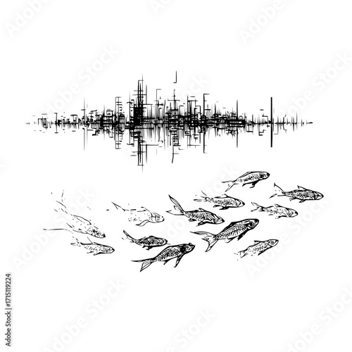 A sketch of a cityscape above a school of fish swimming in the water in black and white drawing style
