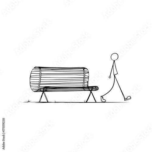 A simple drawing of a stick figure walking past a park bench on a white background in black and white art
