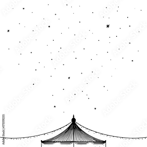 Illustration of a circus tent under a starry night sky with many stars and small circles visible above