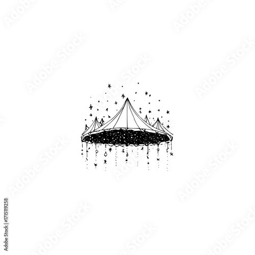 Illustration of a circus tent with stars and hanging decorations in black and white minimalist style art