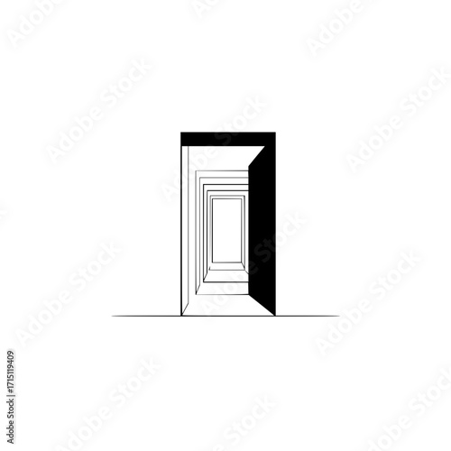Perspective view of a series of diminishing rectangular doorways leading into a bright white space ahead