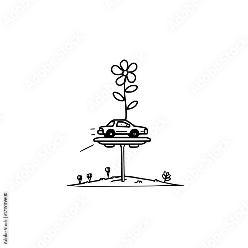 Doodle art of a car on a platform with a flower growing behind it in a simple landscape illustration