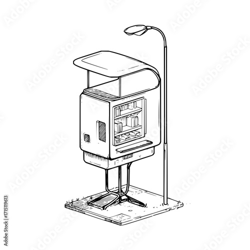 Illustration of a futuristic public bookcase with a street lamp in a black and white line drawing style