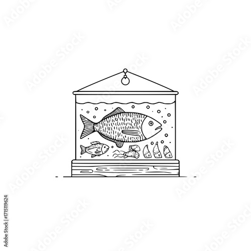 Illustration of a triangular fish tank with two fish, plants, and bubbles in a black and white drawing style