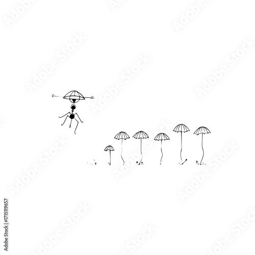 A whimsical drawing of an alien figure above a row of umbrella like plants on a white background art piece