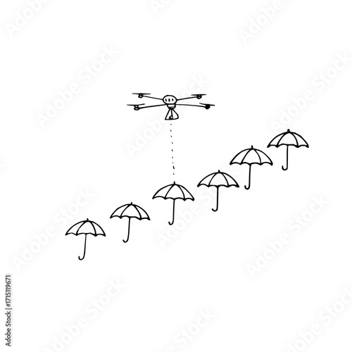 Drone carrying a string of umbrellas in a diagonal line against a plain white background in a simple drawing