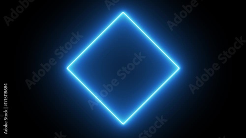 Blue laser effect neon glowing flickering square frame background. repetitive motion animation and flashing. Bright neon light effect isolated on black tilted at 45° angle. 4K graphic animation