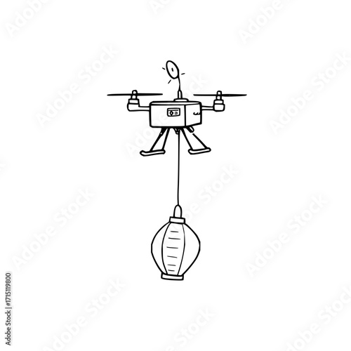 A whimsical line drawing of a drone carrying a lantern suspended below it on a white background art