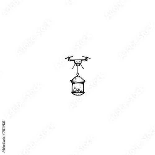 Drone carrying a lantern with a miniature room inside, suspended in the air on a white background view