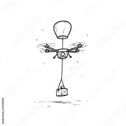 Sketch of a drone carrying a package with a person inside suspended below with a balloon above it in black