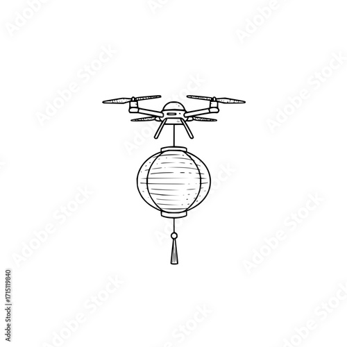Drone carrying a traditional chinese lantern with a tassel in a black and white line drawing style image