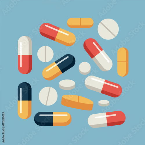 A flat design illustration of various colorful pills, tablets, and capsules scattered on a light blue background.