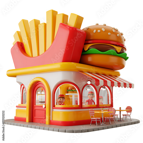High quality cartoonish 3D Fast Food shop Isolated on Transparent Background