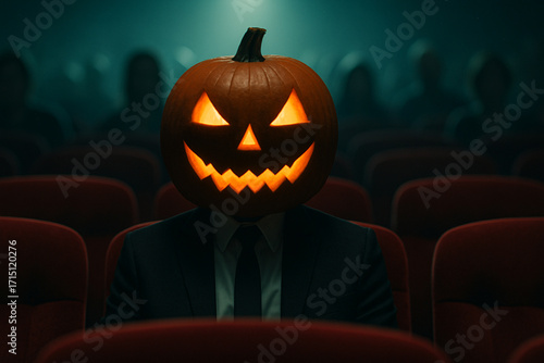 Jack-o’-Lantern Head in Cinema, Halloween Concept