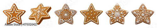 Gingerbread cookie set including star shapes with various white icing patterns isolated. Festive holiday bakery items.