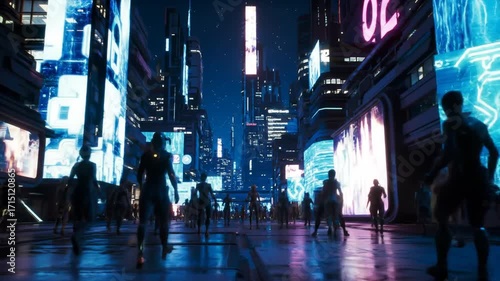 Wallpaper Mural Futuristic Cityscape, People Walking, Neon Lights, Urban Environment, Nighttime View, Concept of Technology Torontodigital.ca
