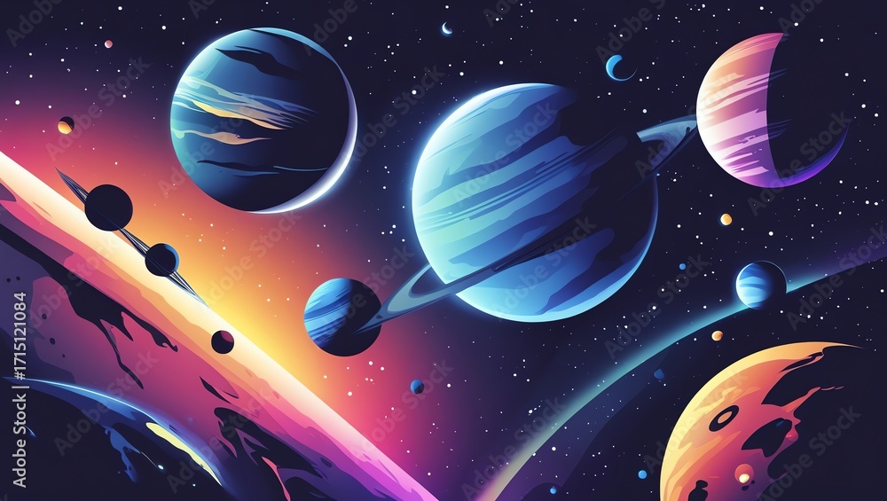 Fototapeta premium Stylized planets and moons in a cosmic nebula