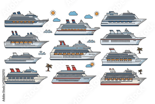 Cruise ship vector set clipart featuring different styles and angles of cruise liners and passenger ships. Ideal for travel, vacation, tourism, maritime projects, brochures, and event promotions.