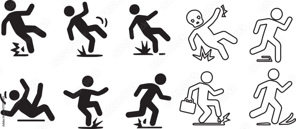 Naklejka premium Slip and fall vector icon set with impact lines symbolizing slips accidents workplace safety and hazards