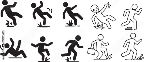  Slip and fall vector icon set with impact lines symbolizing slips accidents workplace safety and hazards