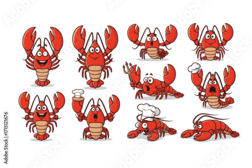 Lobster vector set clipart design featuring detailed lobsters in various poses and styles. Perfect for seafood menus, coastal themes, restaurant branding, packaging, and marine-related projects.