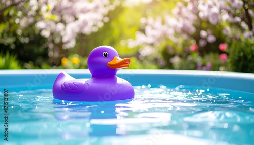 Purple duck toy floats on a sunny day in a backyard pool