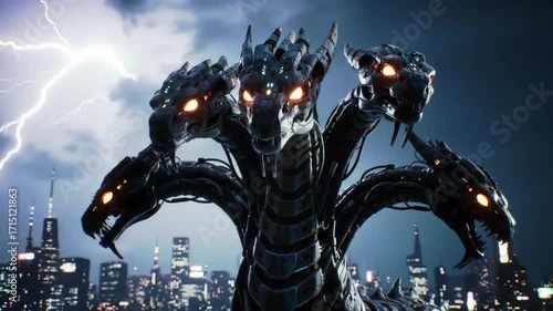Epic Battle, Multi-Headed Robot Monster, Urban Cityscape, Digital Art, Dramatic Night, Close-Up, Fantasy Concept