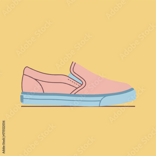Illustration of a pink slip-on shoe with a light blue sole on a yellow background.