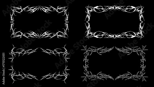 Set of tribal flame frames in line art style, perfect for tattoo border, gothic design, t-shirt graphic, sticker, or poster artwork.
