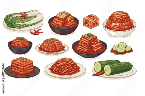 Kimchi vector set collection graphic design featuring various styles of kimchi dishes, ingredients like napa cabbage and chili peppers, and traditional Korean elements. Ideal for food menus, packaging