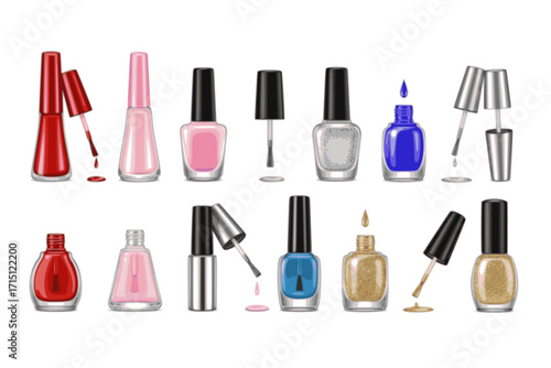 Nail polish vector set collection clipart design featuring various bottles, brushes, and colorful polish styles. Perfect for beauty, cosmetics branding, salon materials, packaging, and fashion-related