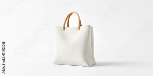 White fuzzy tote bag with rope handles on a white background handbag purse