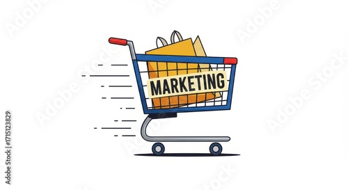 Marketing Shopping Cart: A vibrant cartoon depicts a shopping cart filled with bags and the word MARKETING, racing forward. Evoking the spirit of promotional efforts and digital commerce.