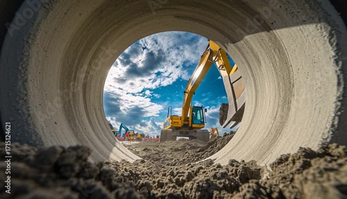 Wallpaper Mural View through large concrete drainage pipe showing yellow excavator with bucket working at construction site, blue sky with white clouds in background Torontodigital.ca